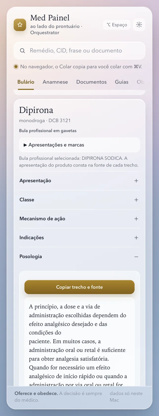Bulário · a posologia da dipirona, com o “Copiar trecho e fonte”.