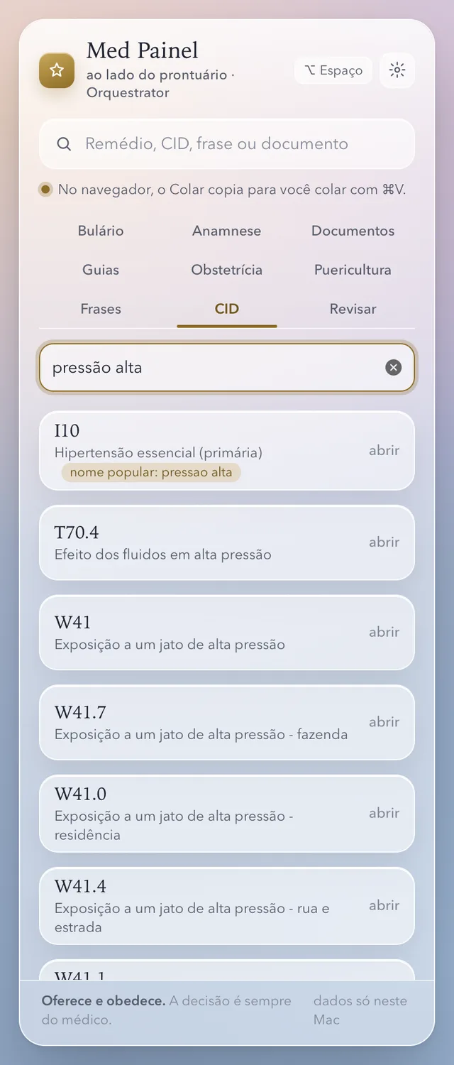 CID · “pressão alta” leva ao I10, com o motivo ao lado.